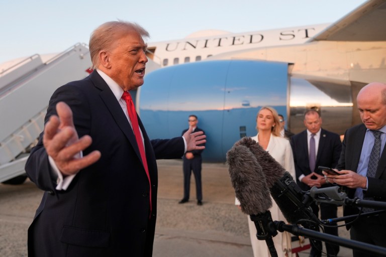President Donald Trump speaks upon his arrival at Joint Base Andrews, Md., Sunday, Sept. 7, 2025.