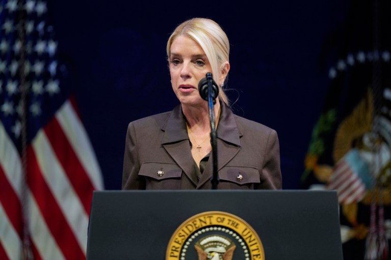 Attorney General Pam Bondi speaks before President Donald Trump arrives to speak at a hearing of the Religious Liberty Commission at the Museum of the Bible, Monday, Sept. 8, 2025, in Washington.