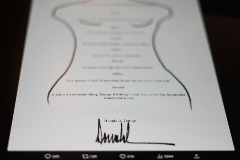 A sexually suggestive birthday note to Jeffrey Epstein purportedly signed by President Donald Trump.