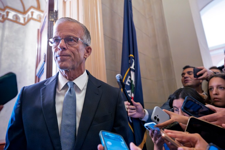Senate Majority Leader John Thune, R-S.D., speaks reporters on government funding and the Jeffrey Epstein investigation at the Capitol in Washington, Monday, Sept. 8, 2025.