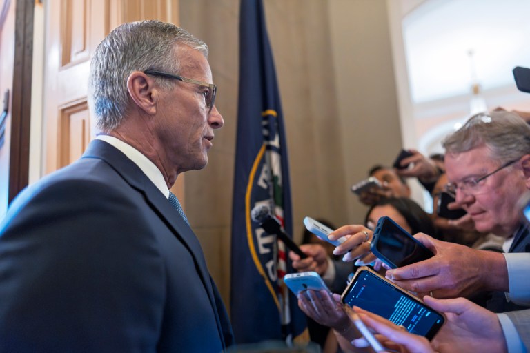 Senate Majority Leader John Thune, R-S.D., speaks to reporters on government funding and the Jeffrey Epstein investigation at the Capitol in Washington, Monday, Sept. 8, 2025.