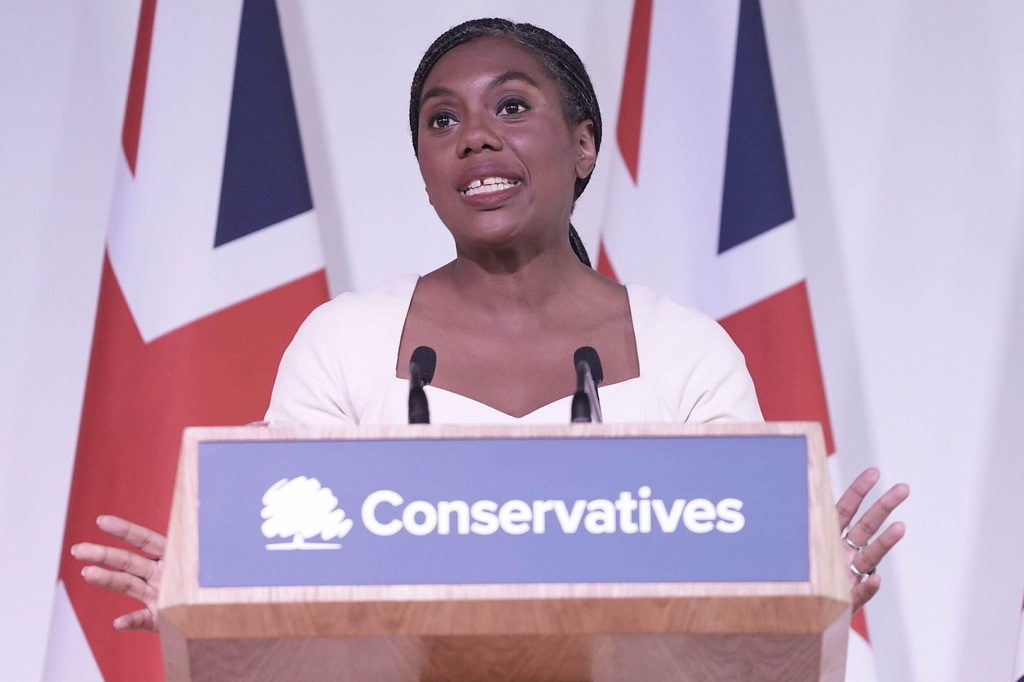 Conservative Party leader Kemi Badenoch delivers a speech.
