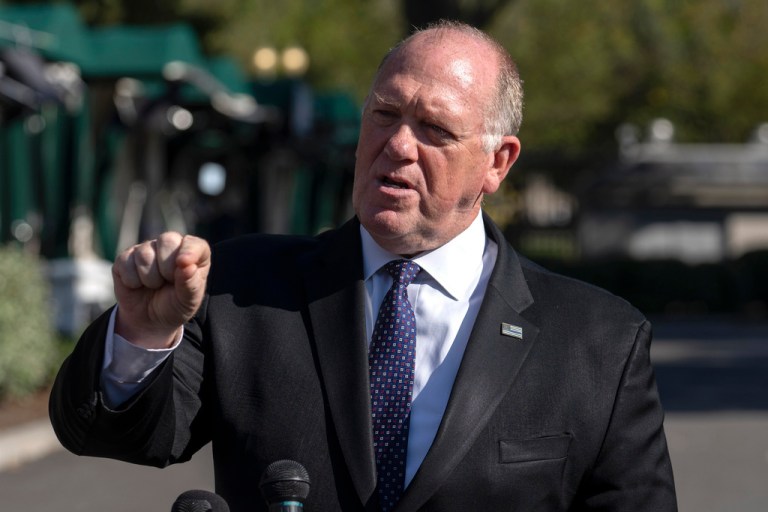 White House border czar Tom Homan speaks with reporters outside the White House.