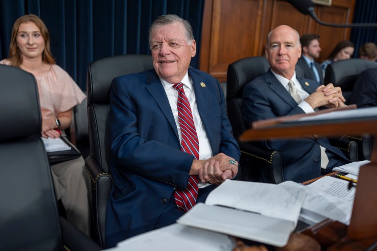 House Appropriations Chair Tom Cole, R-Okla., joined at right by Rep. Robert Aderholt, R-Ala., waits for the start of a markup on the Labor, Health and Human Services, Education, and Related Agencies Bill, at the Capitol in Washington, Tuesday, Sept. 9, 2025. (AP Photo/J. Scott Applewhite)