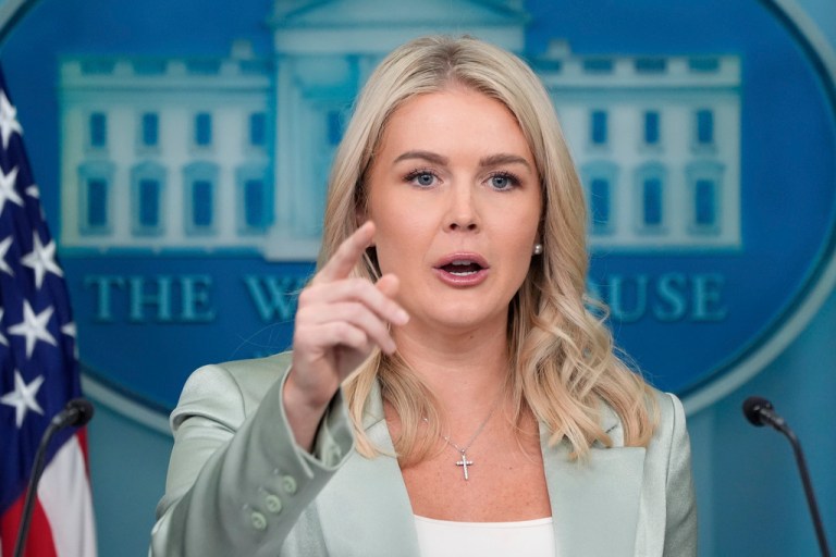 White House press secretary Karoline Leavitt speaks with reporters in the James Brady Press Briefing Room at the White House, Tuesday, Sept. 9, 2025, in Washington.