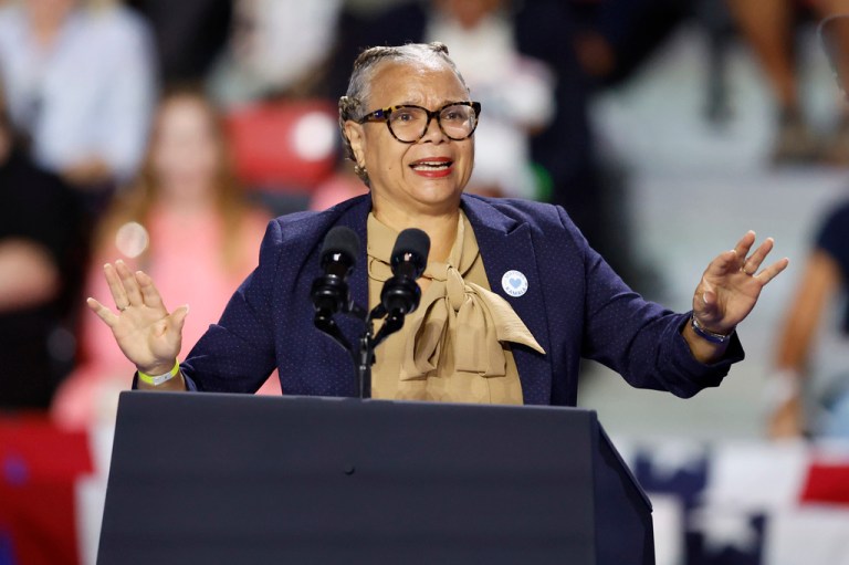 Charlotte, North Carolina, Mayor Vi Lyles speaks behind a podium.