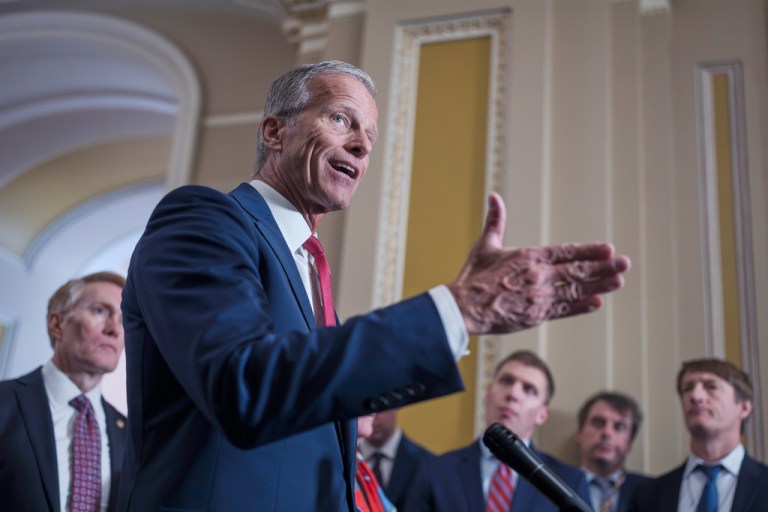 Senate Majority Leader John Thune, R-S.D., tells reporters that Republicans are ready to change the chamber's rules to allow quick confirmations of dozens of President Donald Trump's executive branch nominees after Democratic delays, at the Capitol in Washington, Tuesday, Sept. 9, 2025