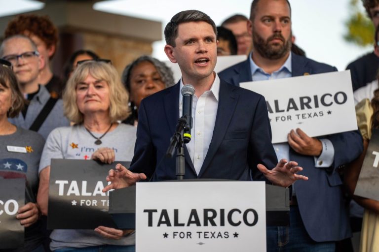 State Rep. James Talarico, D-Austin, speaks to supporters as he kicks off his campaign for U.S. Senate at Centennial Plaza in Round Rock, Texas, Tuesday, Sept. 9, 2025. (Mikala Compton/Austin American-Statesman via AP)