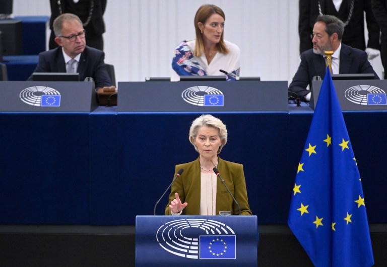 European Commission President Ursula von der Leyen gestures as she delivers a major state of the union speech at the European Parliament in Strasbourg, eastern France, Wednesday, Sept. 10, 2025. (AP Photo/Pascal Bastien)