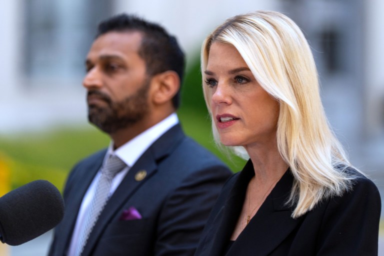 FILE - Attorney General Pam Bondi and FBI Director Kash Patel speak during a news conference at the Department of Justice, May 7, 2025, in Washington.