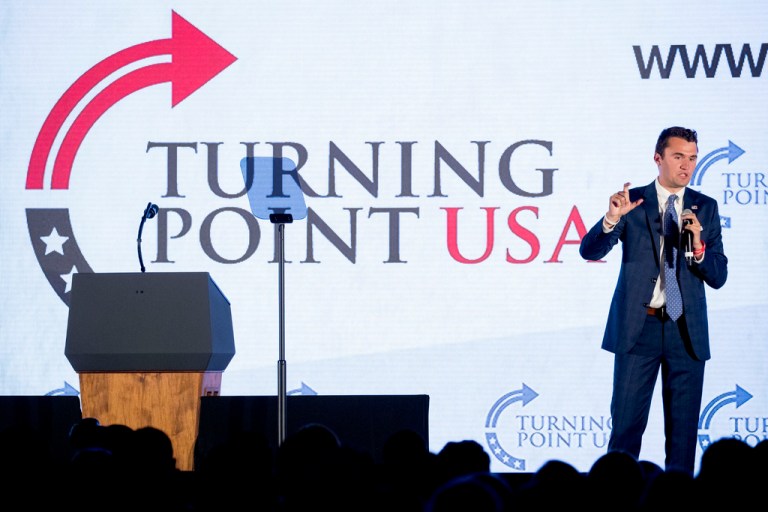 urning Point USA Founder Charlie Kirk speaks at Turning Point USA Teen Student Action Summit at the Marriott Marquis in Washington.