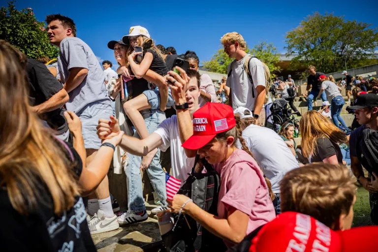The crowd reacts after Charlie Kirk, the CEO and co-founder of the conservative youth organization Turning Point USA, is shot at the Utah Valley University Wednesday, Sept. 10, 2025, in Orem, Utah.