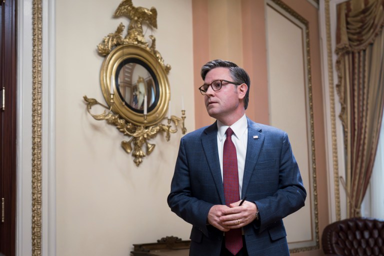 Speaker of the House Mike Johnson (R-LA) waits in his office.