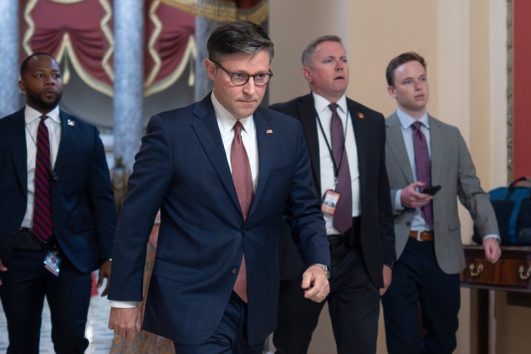 Speaker of the House Mike Johnson, R-La., walks to the chamber after meeting with reporters, at the Capitol in Washington, Thursday, Sept. 11, 2025. (AP Photo/J. Scott Applewhite)