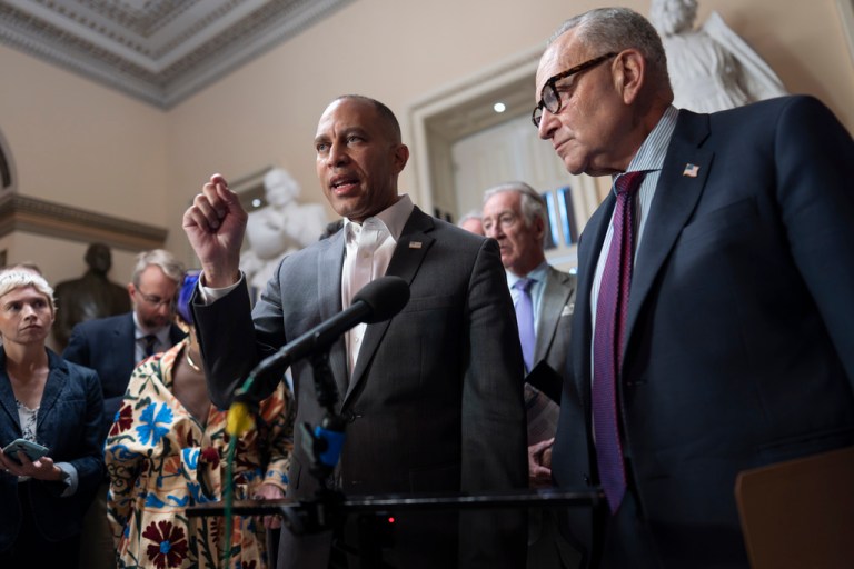 House Minority Leader Hakeem Jeffries, D-N.Y., left, and Senate Minority Leader Chuck Schumer, D-N.Y., speak to reporters to criticize Republican efforts to cut health care spending, at the Capitol in Washington, Thursday, Sept. 11, 2025. (AP Photo/J. Scott Applewhite)