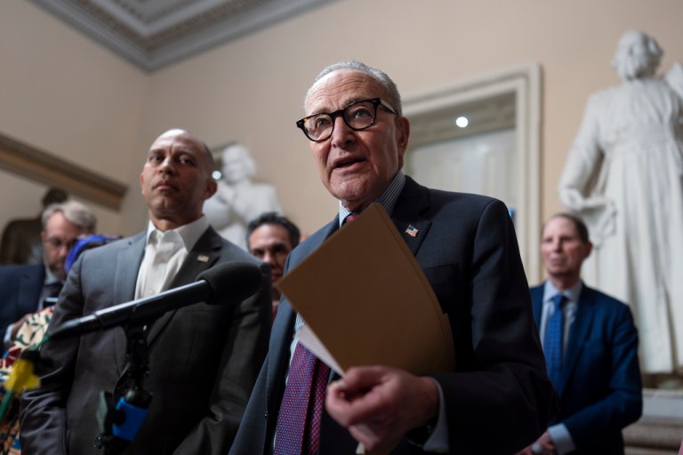 House Democratic Leader Hakeem Jeffries, left, and Senate Democratic Leader Chuck Schumer, both of New York, tell reporters that they are united as the Sept. 30 funding deadline approaches, at the Capitol