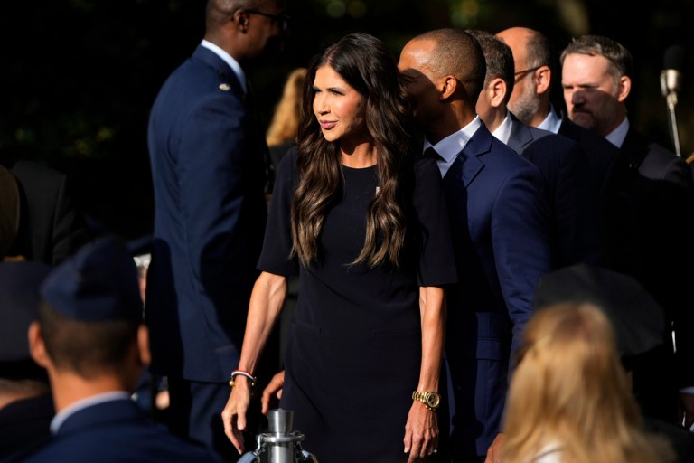 Homeland Security Secretary Kristi Noem arrives for a ceremony in the Pentagon courtyard to commemorate the 24th anniversary of the 9/11 attacks, Thursday, Sept. 11, 2025, in Washington.