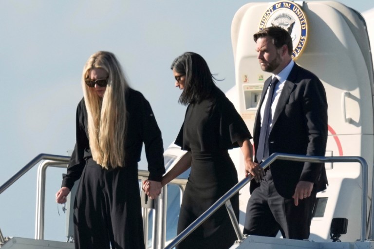Erika Kirk exits Air Force Two alongside JD Vance and Usha Vance.