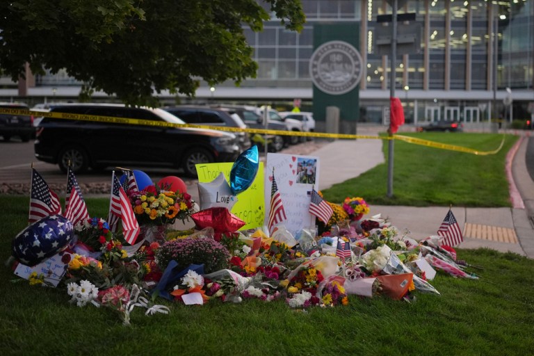 A memorial for Charlie Kirk is seen at Utah Valley University in Orem.