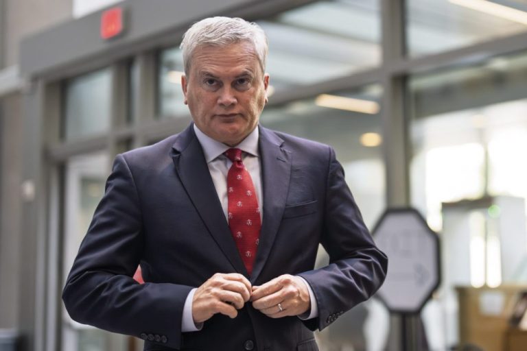 House Oversight Committee Chairman James Comer, R-Ky., arrives to talk to reporters before interviewing former White House press secretary Karine Jean-Pierre about President Joe Biden's mental fitness while in office, on Capitol Hill in Washington, Friday, Sept. 12, 2025. (AP Photo/J. Scott Applewhite)