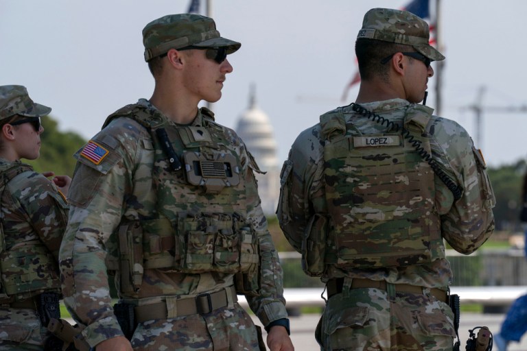 Members of the Ohio National Guard patrol the National Mall.