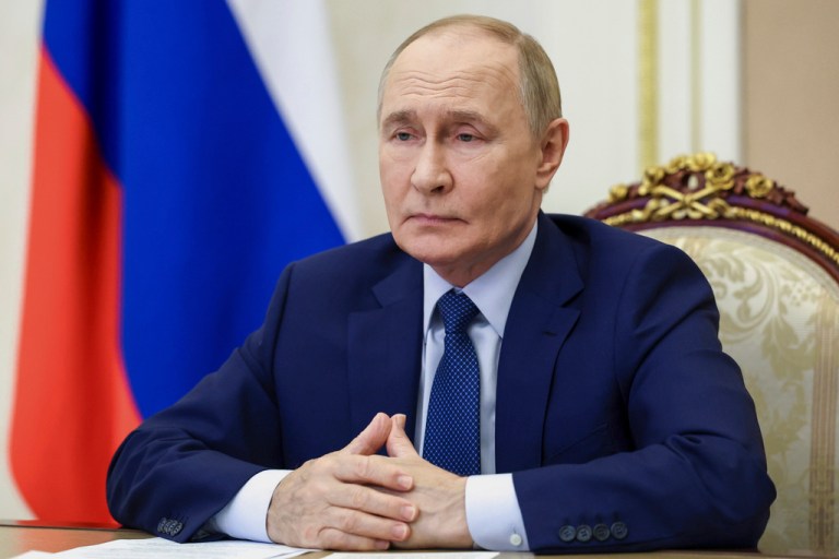 Russian President Vladimir Putin attends an opening ceremony of the new Federal Service for the Oversight of Consumer Protection and Welfare (Rospotrebnadzor) facilities across Russia via videoconference at the Kremlin, in Moscow, Russia, Monday, Sept. 15, 2025.