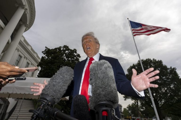 President Donald Trump speaks with reporters before departing on Marine One from the South Lawn of the White House, Tuesday, Sept. 16, 2025, in Washington.