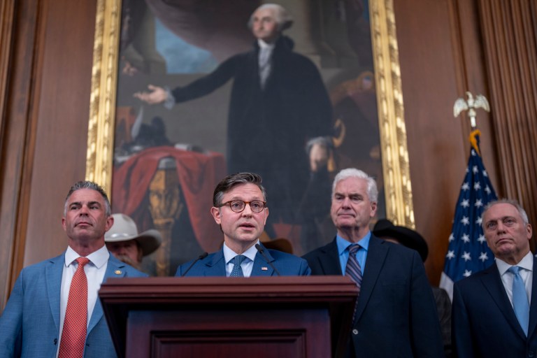 Speaker of the House Mike Johnson, R-La., center, joined from left by, Rep. Tony Wied, R-Wis., Majority Whip Tom Emmer, R-Minn., and Majority Leader Steve Scalise, R-La., as he talks about the killing of conservative activist Charlie Kirk and defends employers who take action against their workers whose comments go too far, at the Capitol in Washington, Tuesday, Sept. 16, 2025. (AP Photo/J. Scott Applewhite)