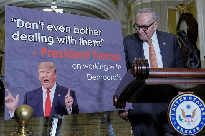 Senate Minority Leader Chuck Schumer of N.Y., arrives for a news conference after a policy luncheon at the Capitol, Tuesday, Sept. 16, 2025, in Washington