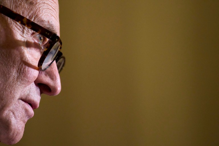 Senate Minority Leader Chuck Schumer, D-N.Y., speaks to members of the media after attending a policy luncheon with Democratic leaders, Tuesday, Sept. 16, 2025, on Capitol Hill in Washington