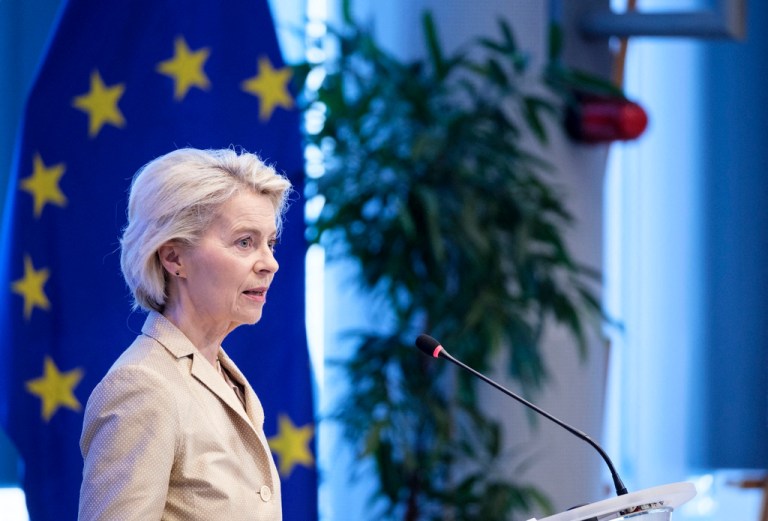 One year after the Draghi report, the European Commission takes stock. Speech by Ursula Von der Leyen, President of the European Commission, at the conference on the progress made by the European Commission in implementing the report's recommendations. The report advocated radical reforms to escape economic decline and restore the EU's competitiveness. Brussels, Belgium on September 16, 2025. Photo by Monasse T/ANDBZ/Abaca/Sipa USA(Sipa via AP Images)
