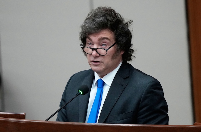 Argentina's President Javier Milei gives a speech during a special session at Congress in Asunción, Paraguay, Wednesday, Sept. 17, 2025.