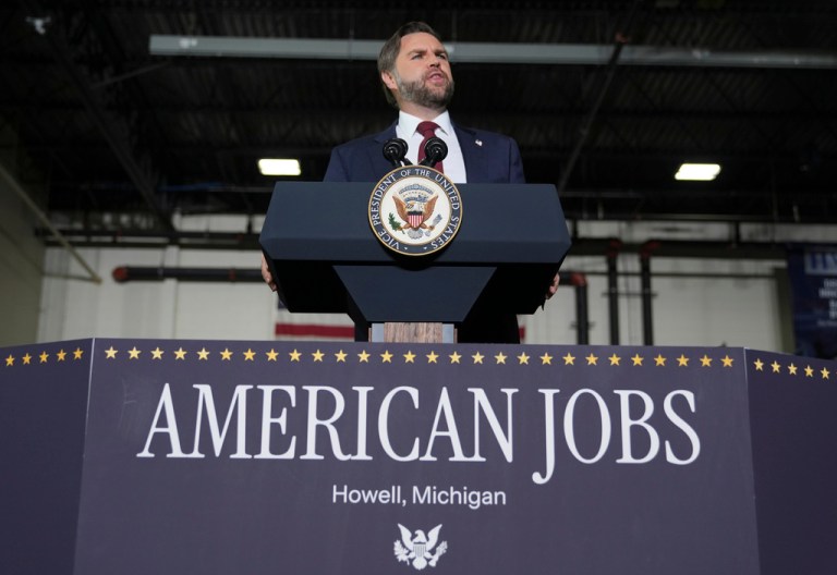 Vice President JD Vance speaks during a tour of a precision metal stamping facility Wednesday, Sept. 17, 2025, in Howell, Mich.