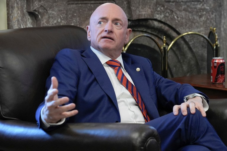 Sen. Mark Kelly, D-Ariz., speaks to reporters on AI during a news conference at the Capitol Hill, Wednesday, Sept. 17, 2025, in Washington.