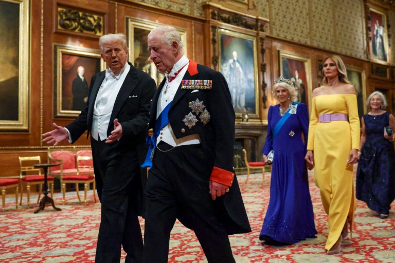 From left, President Donald Trump, Britain's King Charles III, Queen Camilla and First Lady Melania Trump arrive for a State Banquet