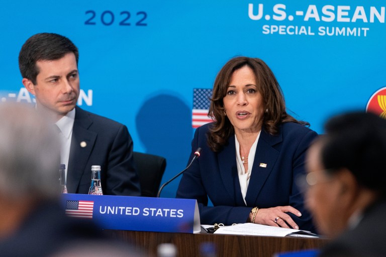 Kamala Harris and Pete Buttigieg speak at a US-ASEAN Summit session.