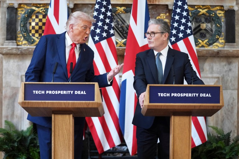 President Donald Trump gestures next to U.K. Prime Minister Keir Starmer.
