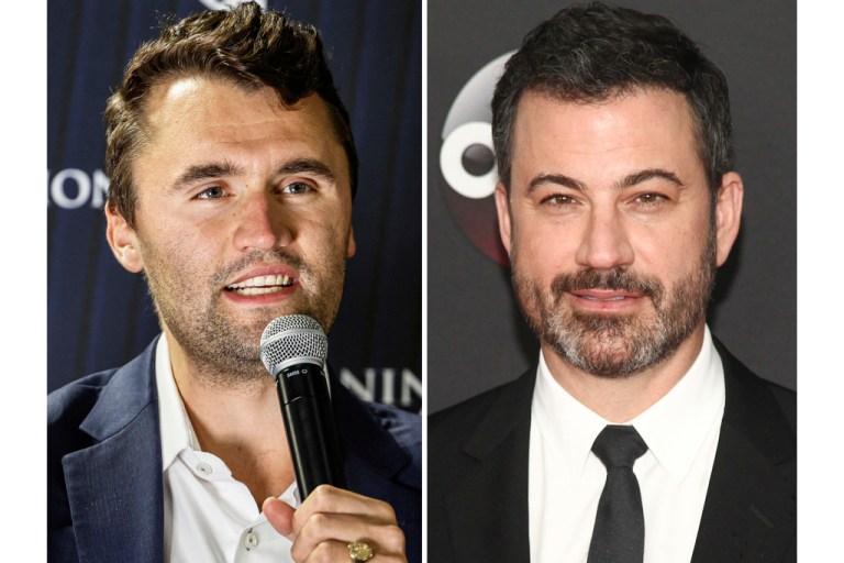 Charlie Kirk speaks during a town hall meeting on March 17, 2025, in Oconomowoc, Wis., left, and Jimmy Kimmel appears at the Disney/ABC/Freeform Upfront Party in New York on May 15, 2018. (AP Photo)