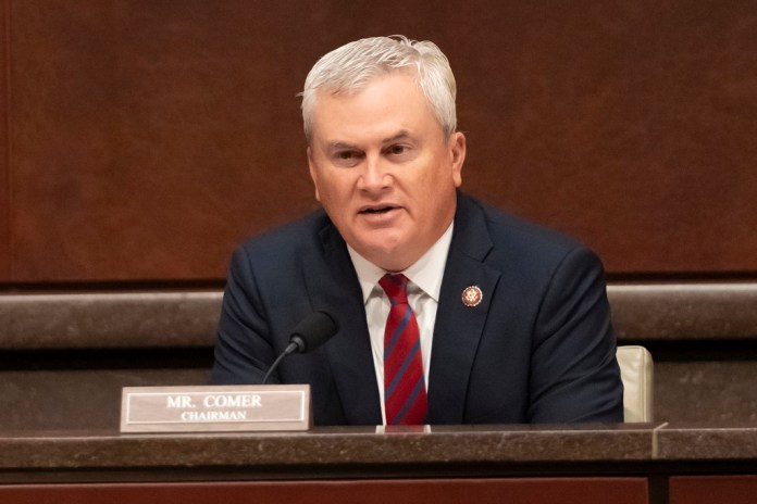 Committee Chairman Rep. James Comer, R-Ky., speaks during a hearing of the House Committee on Oversight and Government Reform on Capitol Hill, Thursday, Sept. 18, 2025, in Washington. (AP Photo/Mark Schiefelbein)