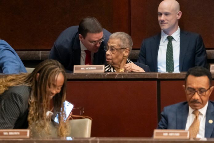 Del. Eleanor Holmes Norton, D-D.C., attends a hearing of the House Committee on Oversight and Government Reform on Capitol Hill, Thursday, Sept. 18, 2025, in Washington. (AP Photo/Mark Schiefelbein)