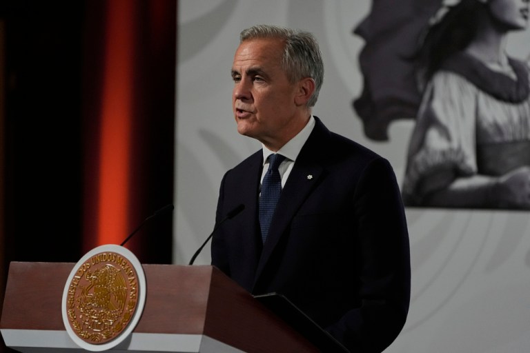 Canada's Prime Minister Mark Carney speaks during a joint press conference with Mexico's President Claudia Sheinbaum at the National Palace in Mexico City, Thursday, Sept. 18, 2025. (AP Photo/Fernando Llano)