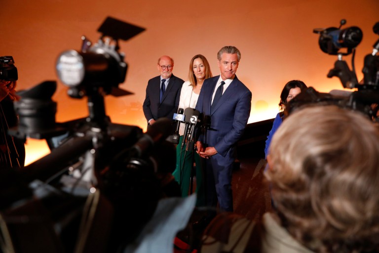 Gov. Gavin Newsom (D-CA)answers questions from the media.