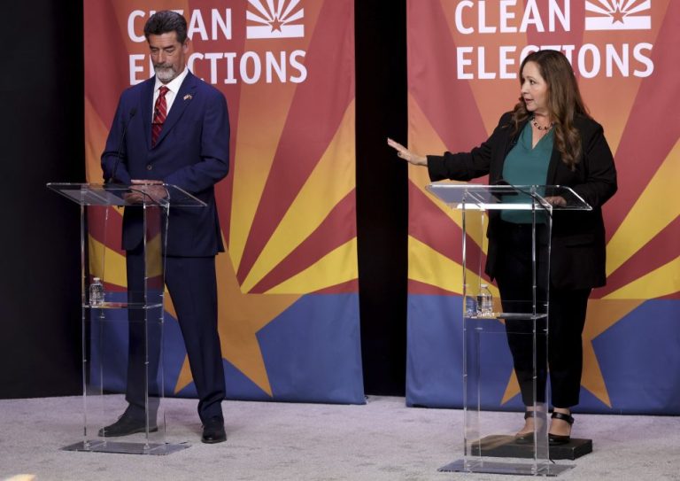 FILE - Congressional District 7 special election candidates Republican Daniel Butierez, left, and Democrat Adelita Grijalva participate during a televised debate, Tuesday, Aug. 26, 2025, in Tucson, Ariz. (Kelly Presnell/Arizona Daily Star via AP, File)