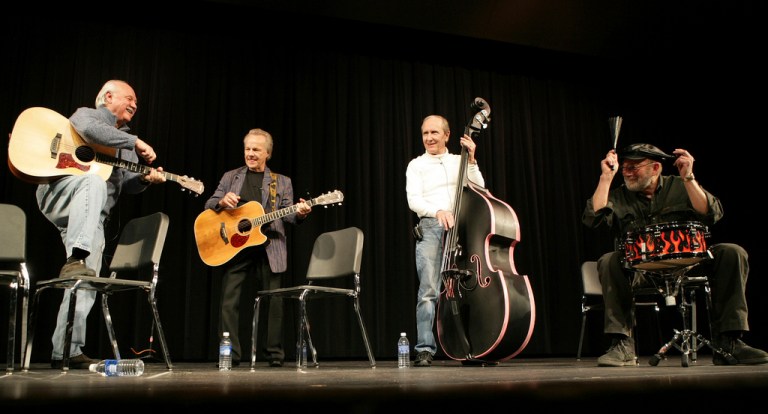 FILE - From left, Sonny Curtis, Bobby Vee, Joe B. Maudlin and Jerry J.I. Allison perform at the Stillman auditorium in Clear Lake, Iowa on Friday Jan. 30, 2009. (AP Photo/The Globe-Gazette, Teresa Prince, File)