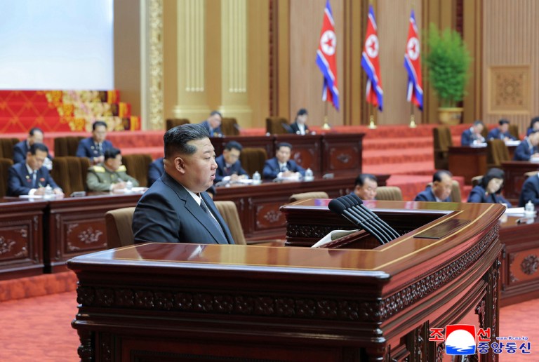 North Korean leader Kim Jong Un speaks during a parliament session.