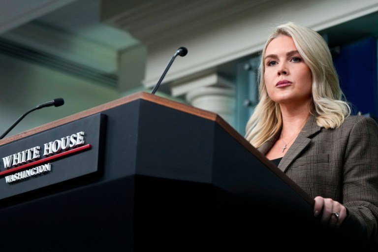White House press secretary Karoline Leavitt speaks at a podium.