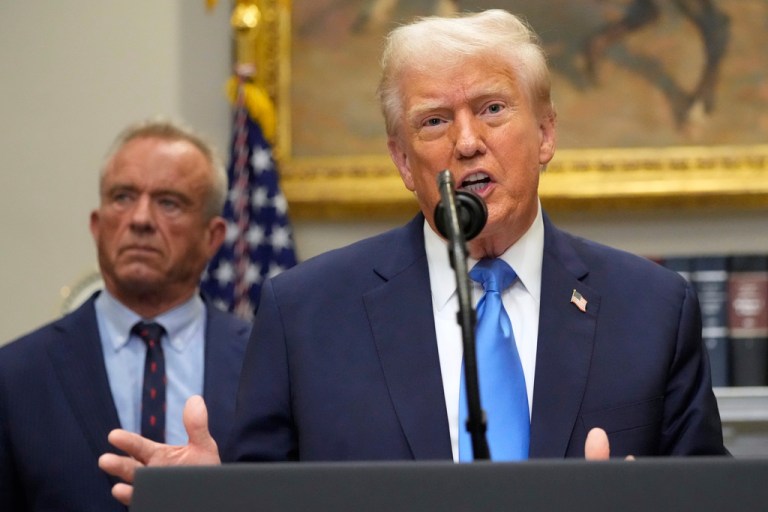 President Donald Trump speaks in the Roosevelt Room of the White House.