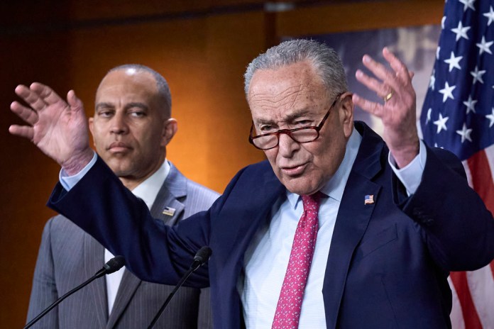 FILE—Senate Minority Leader Chuck Schumer, D-N.Y., and House Minority Leader Hakeem Jeffries, D-N.Y., left, hold a news conference on the GOP reconciliation bill, at the Capitol in Washington, Wednesday, June 11, 2025.