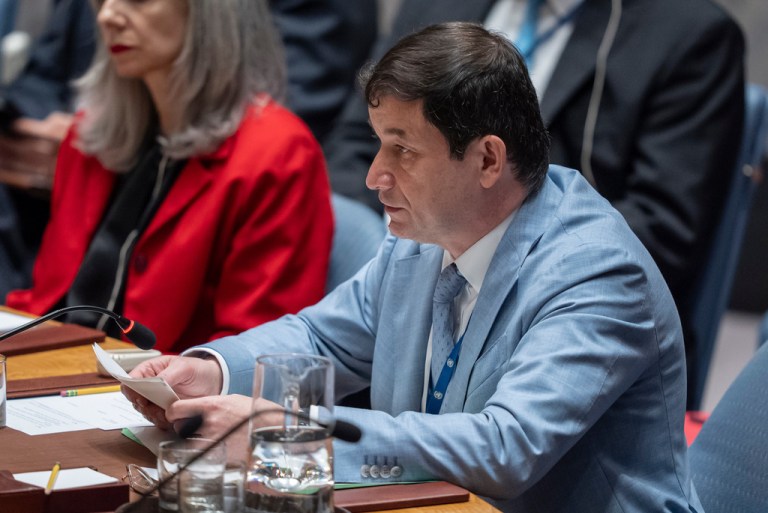 Russia's First Deputy Permanent Representative to the United Nations, Dmitry Polyanskiy, speaks during a Security Council meeting at the United Nations headquarters.