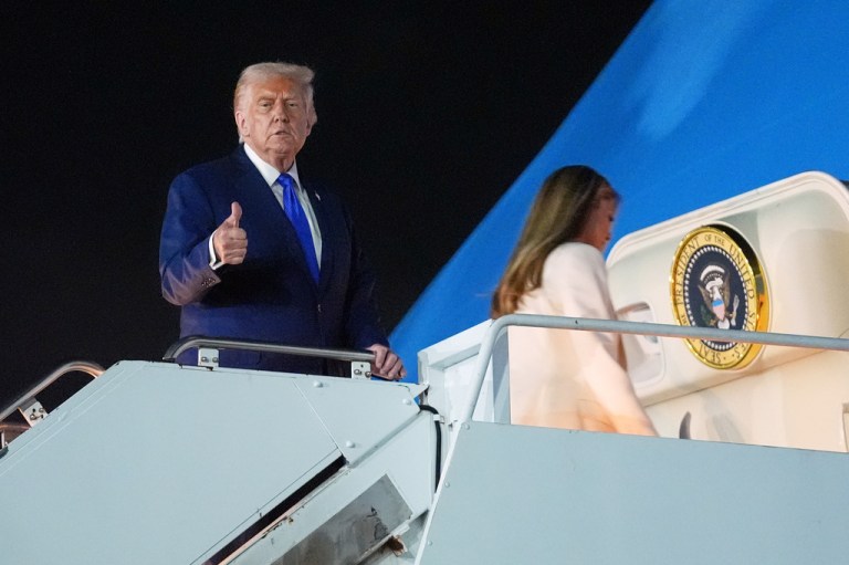 President Donald Trump and first lady Melania Trump, board Air Force One at John F. Kennedy International Airport, Tuesday, Sept. 23, 2025, in New York.